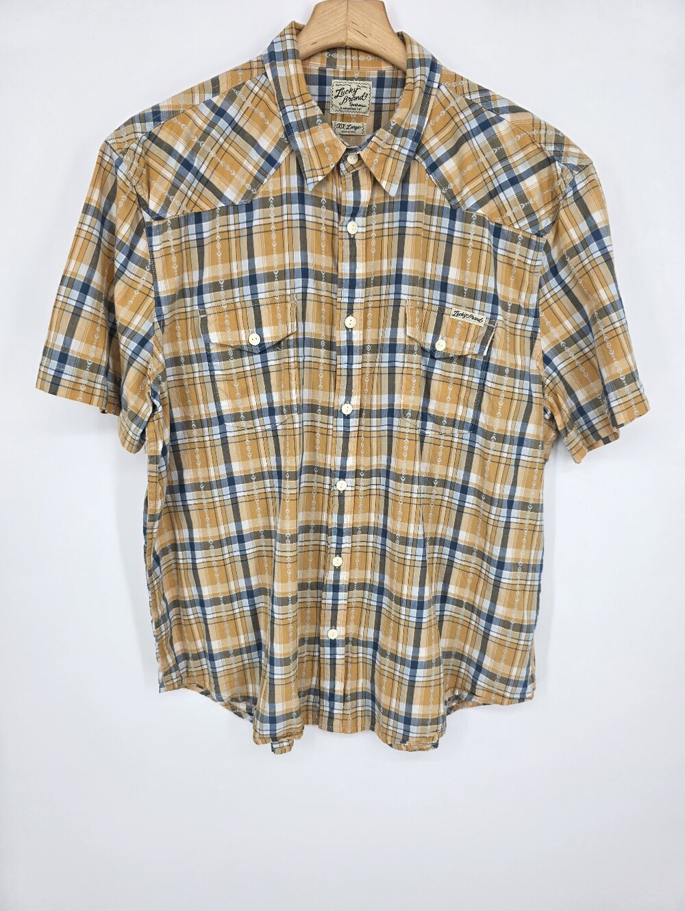 Lucky Brand Men's Plaid Short Sleeve Western Shirt Yellow/Blue  Size XXL
